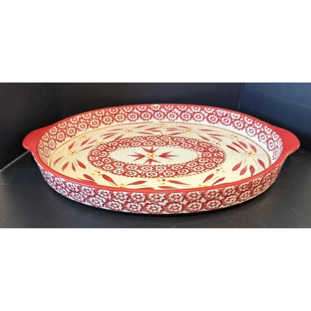 TempTations Ovenware Old World Red Floral Oval‎ Handles Platter 14 Inch